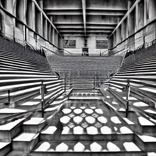 Image similar to black and white surreal photograph, highly detailed vast space made of stairsteps, sideview, detailed textures, natural light, mist, architecture photography, film grain, soft vignette, sigma 1 4 mm f / 1. 4 1 / 1 0 sec shutter, imax 7 0 mm footage