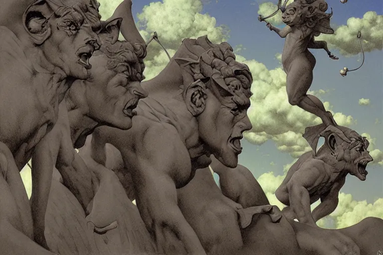 Image similar to a trio of leering gargoyles, digital painting by maxfield parrish and michael whelan, photorealistic