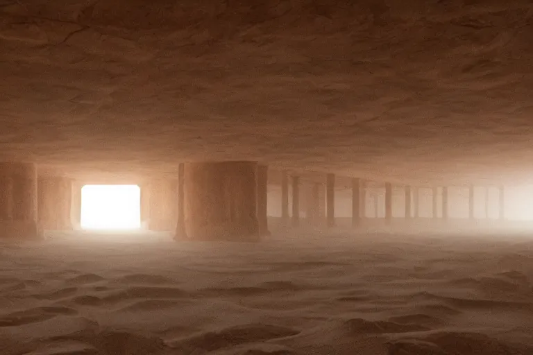 Prompt: inside a large open room with a tall ceiling, monolithic, open wall architecture, sand storm inside, high winds, concrete pillars, ancient sci - fi elements, on an alien planet, sun is blocked by dust, pale orange colors, cinematographic wide angle shot, directed by christopher nolan