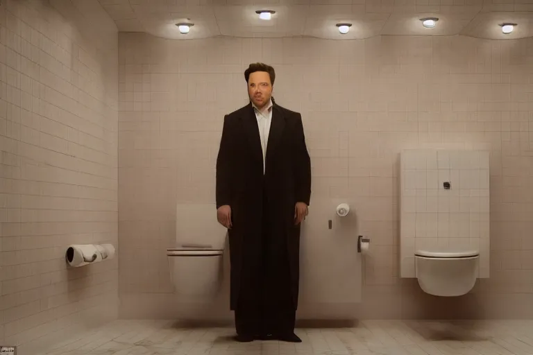 Image similar to hyperrealism aesthetic ridley scott and denis villeneuve style photography of a detailed hyperrealism elon musk, siting on a detailed hyperrealism toilet and scrolling his detailed smartphone in hyperrealism scene from detailed art house movie in style of alejandro jodorowsky and wes anderson volumetric ambient light
