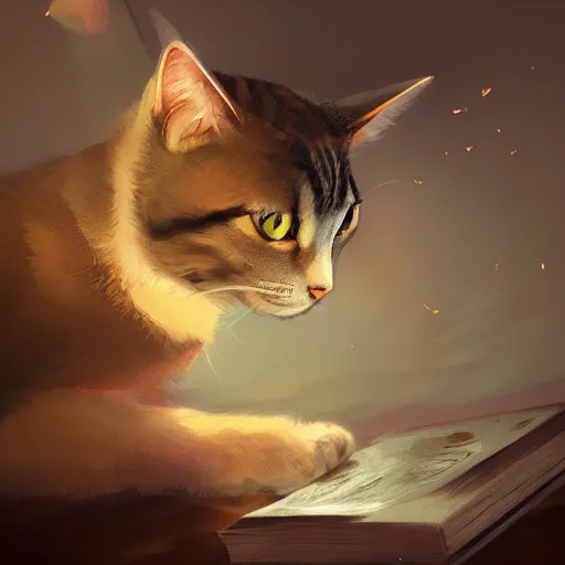 Prompt: a cat exists next to a book. animal. digital art. artstation. realistic. vibrant. illustration. in the style of pixar movie. octane render. art by makoto shinkai, stanley artgerm lau, wlop, rossdraws. volumetric lighting.