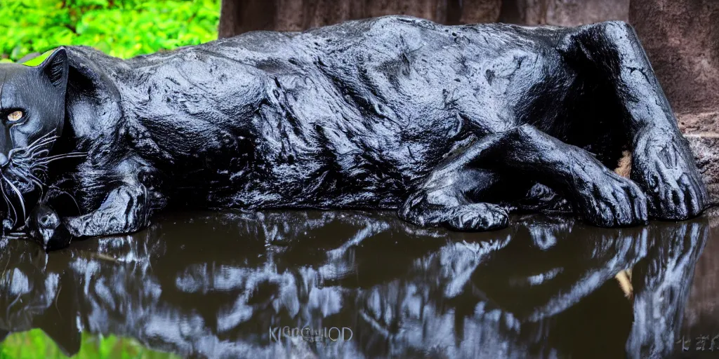 Image similar to the smooth black panther, made of smooth black goo, bating in tar in the zoo exhibit, viscous, sticky, full of tar, covered with black goo. photography, dslr, reflections, black goo, zoo, exhibit