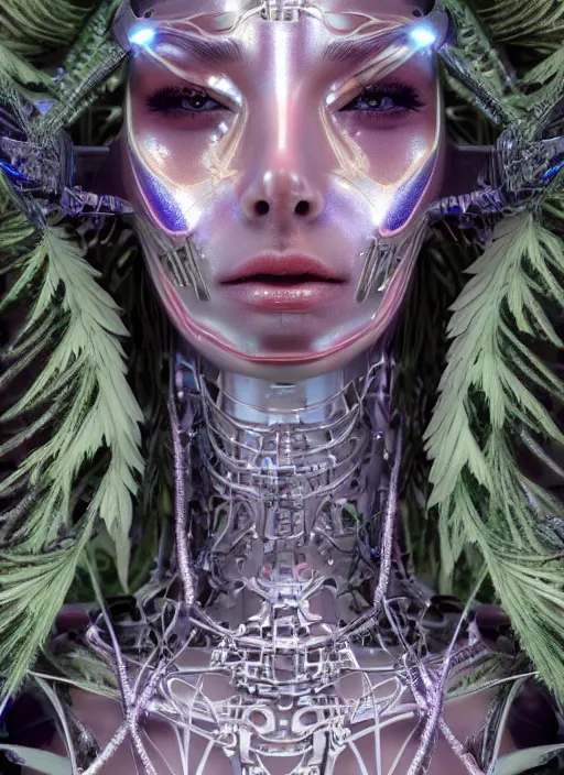 Image similar to beautiful female robot covered by plants and crystals in the mystical forest, beautiful symmetrical face, chrome parts, opal crystals, renaissance style, cyber punk, sci - fi, filigree jewellery, baroque, cinematic light, mystical shadows, 8 k, octane render