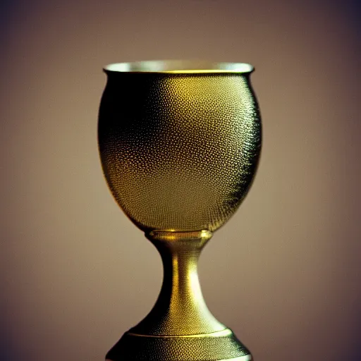 Image similar to goblet, gold cup, scratched metallic pattern, particles defocused, haze