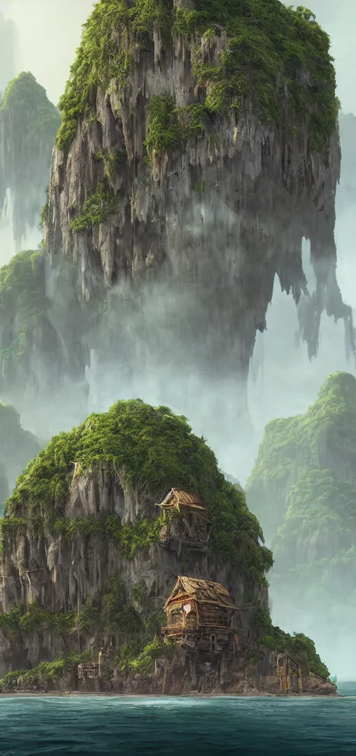 Image similar to wooden fortress on a tropical island with ruff shore cliffs, skull Island, kingkong,landscape, raphael lacoste, eddie mendoza, alex ross, john howe, concept art, matte painting, highly detailed, rule of thirds, dynamic lighting, cinematic, detailed, denoised, centerd, clean render