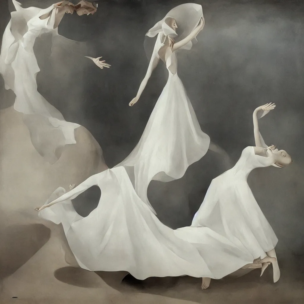 Prompt: fainting beautiful lady in a white dress, surrealism, hd