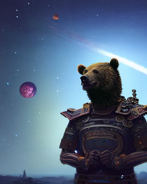 Image similar to highly detailed surreal vfx portrait of a metallic chromatic samurai bear in front of planets filled sky, stephen bliss, unreal engine, greg rutkowski, loish, rhads, beeple, makoto shinkai and lois van baarle, ilya kuvshinov, rossdraws, tom bagshaw, alphonse mucha, global illumination, detailed and intricate environment