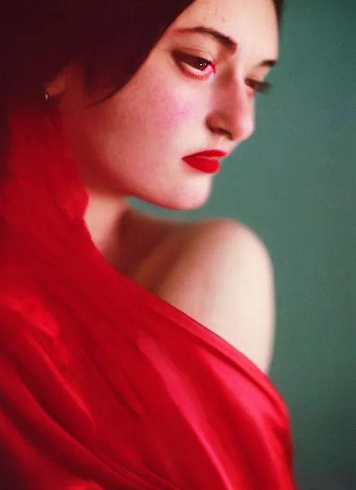 Prompt: extra close-up, color film photography, portrait of beautiful woman in red silk, in style of nan goldin, blue hour, 35mm, film photo
