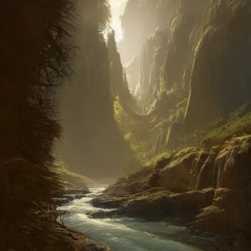 Prompt: A remote river valley, Concept art, 8k, james gurney, greg rutkowski, john howe, artstation