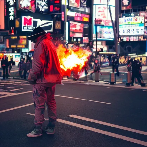 Image similar to marshmellow man in tokio, rampage , chaos in the streets, movie setup, pyro, 8k