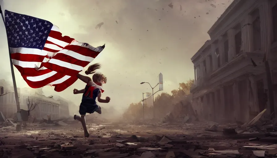 Image similar to child flying a torn american flag while running through streets of destroyed washington dc, collapsed buildings with debris and dust, hyperdetailed, artstation, cgsociety, 8 k