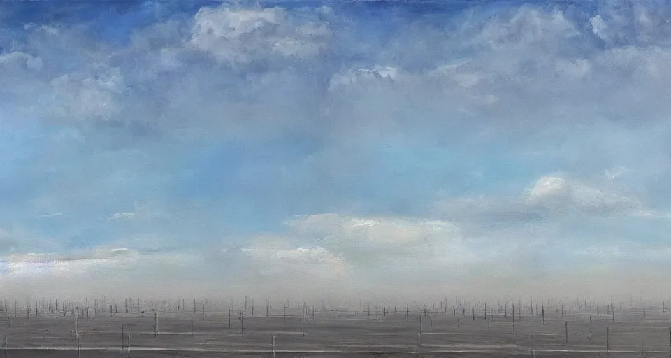 Image similar to world of only concrete, a flat endless plane of concrete covered in thin, very tall concrete pillars talk enough to go above the frame that go on to the horizon, open sky, blue sky with clouds, god rays, beautiful painting, oil on canvas, by Ewa Czarniecka, award winning masterpiece,