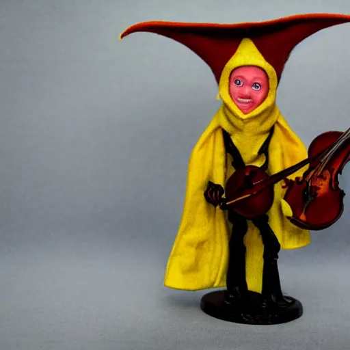 Prompt: yellow goblin in a cloak wearing a fiddle for a hat