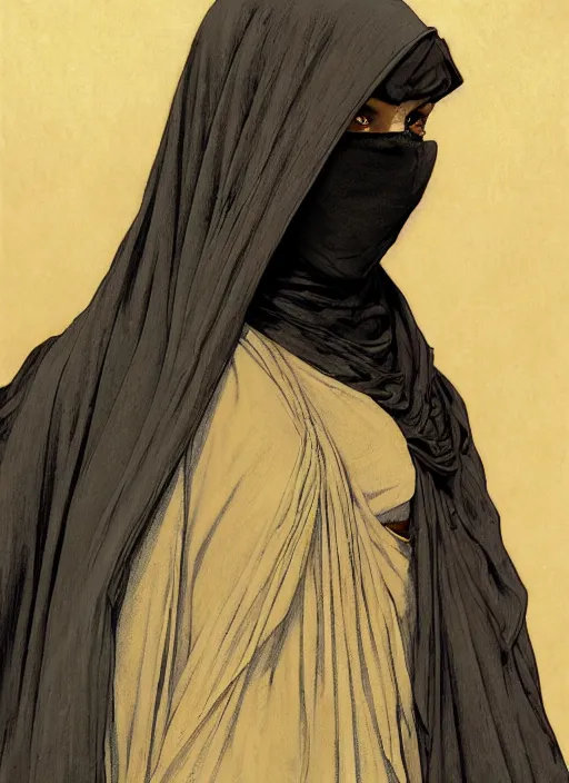 Prompt: detailed portrait of random middle eastern burqa women guy, weapon, hot, behance hd artstation, by moebius, alphonse mucha, ayami kojima, amano, greg hildebrandt, and mark brooks, masculine, male, art nouveau, neo - gothic, gothic, character concept design, dynamic light, stylised illustration, disco elysium, highly details