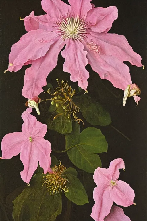 Image similar to thousands of clustered pink dripping clematis liquefying dripping with pink paint by ambrosius bosschaert and salvador dali, oil on canvas