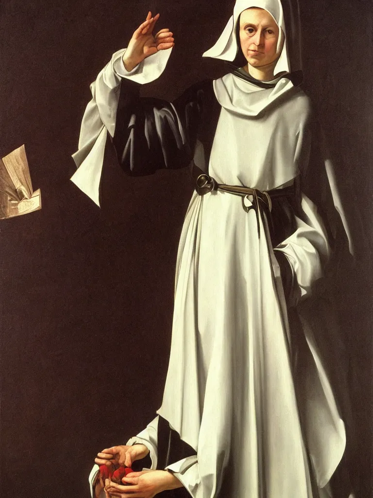 Image similar to a very detailed oil painting of the nun sainte claire wearing clarise habit, beautiful landscape background, half body, by caravaggio