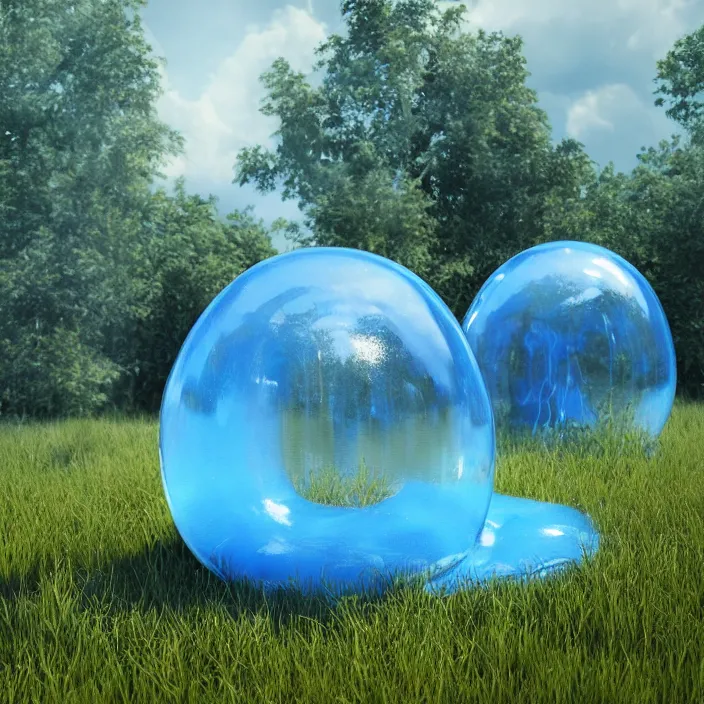 Image similar to render of one huge fantasy transparent translucent bluish slime in the meadow. fantasy, high details, masterpiece, cgsociety, octane render, 8 k, volumetric lighting, photorealism, translucent raytracing, artstation contest winner