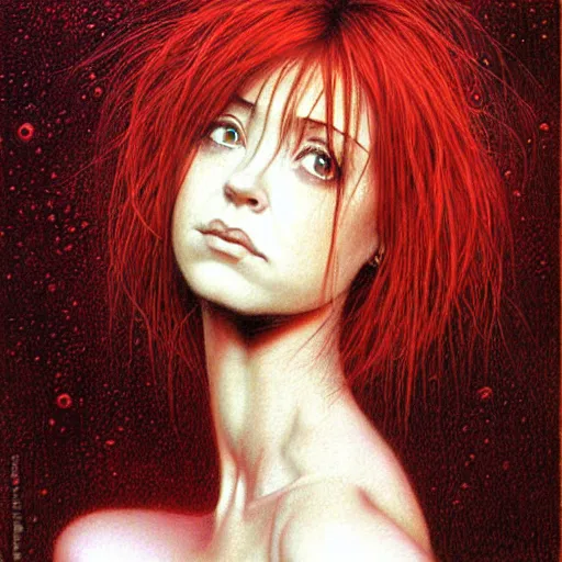 Prompt: 2 0 years old alyson hannigan with short hairs by beksinski, luis royo