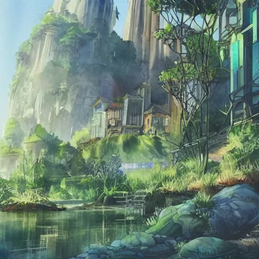 Image similar to Beautiful happy picturesque charming sci-fi town in harmony with nature. Beautiful light. Water and plants. Nice colour scheme, soft warm colour. Beautiful detailed watercolor by Lurid. (2022)