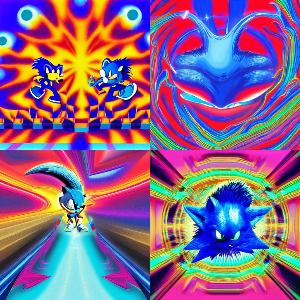 Prompt: recursive portrait of a surreal blue sonic hedgehog, sharp, detailed professional, high quality airbrush art MGMT tame impala album cover of a liquid dissolving LSD DMT sonic the hedgehog surfing through cyberspace, purple checkerboard background, 1990s 1992 Sega Genesis video game album cover, sonic the hedgehog