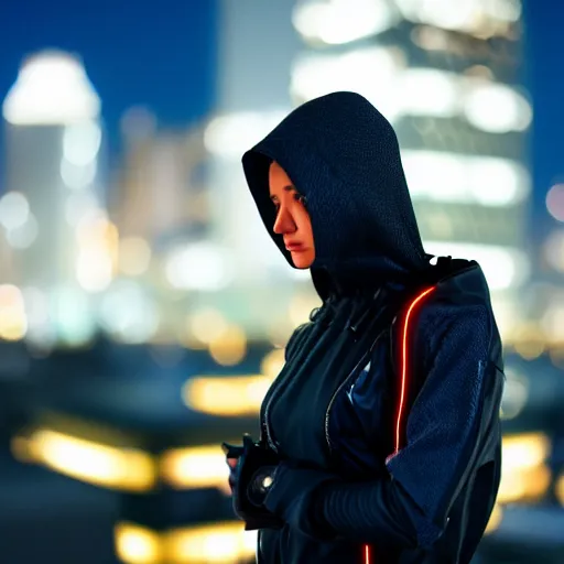 Image similar to photographic portrait of a techwear woman, closeup, on the rooftop of a futuristic city at night, sigma 8 5 mm f / 1. 4, 4 k, depth of field, high resolution, 4 k, 8 k, hd, full color