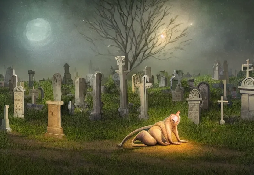 Image similar to a monk possum at a medieval cemetery at night, highly detailed, digital art, isometric