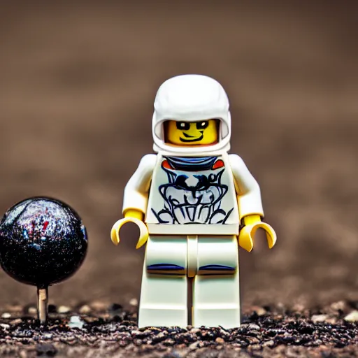 Image similar to lego astronaut fights spider ( eos 5 ds r, iso 1 0 0, f / 8, 1 / 1 2 5, 8 4 mm, postprocessed, bokeh )