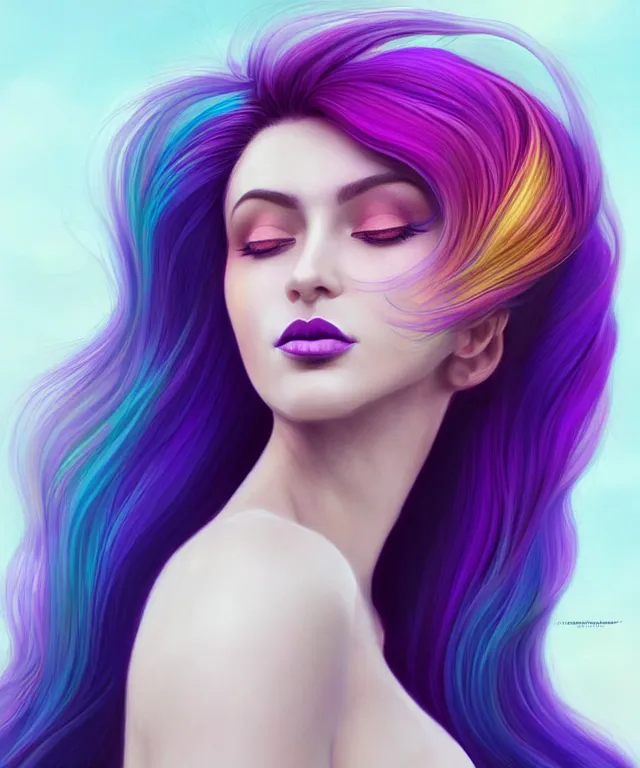 Image similar to Portrait of a woman with bright colored flying hair, all shades of purple. Hair coloring, beautiful lips and makeup. Hair fluttering in the wind, amber eyes, face, long hair, fantasy, intricate, elegant, highly detailed, digital painting, artstation, concept art, smooth, sharp focus, illustration, art by artgerm and greg rutkowski and alphonse mucha