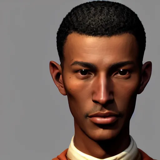 Prompt: A Crusader Kings II portrait of an African American young man with high cheekbones. Good bone structure. Dressed in 1940s style. Highly detailed, fine Art, high detail, great lighting, 8k resolution, masterpiece, concept art, illustration, clear eyes, painting oil on canvas, octane render, HDR, trending on artstation, 4k, 8k, HD