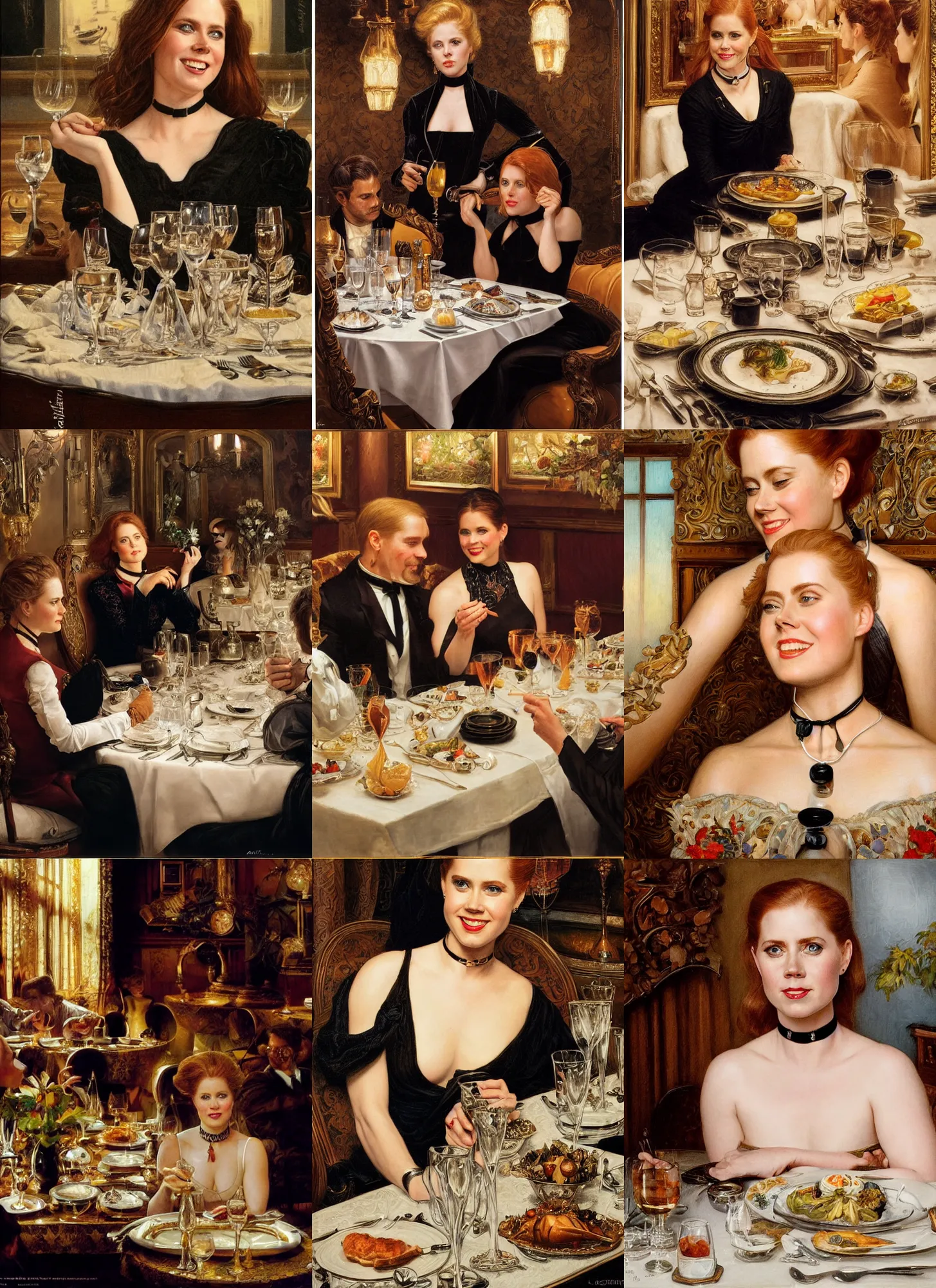 Prompt: dinner with amy adams smiling sitting across the camera wearing a black choker staring into the camera in an expensive private restaurant, 1 9 7 0 s, intricate, elegant, tasteful, highly detailed, shallow depth of field, artgerm, donato giancola, joseph christian leyendecker