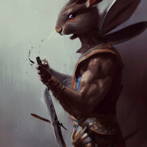Image similar to anthropomorphic rabbit ancient warrior - swordsman, brush strokes, oil painting, greg rutkowski