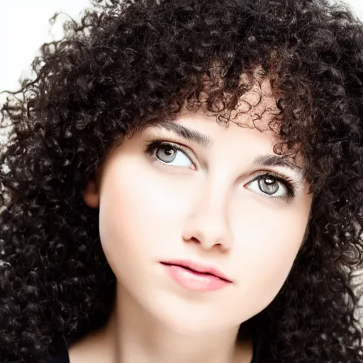 Image similar to portrait of a young lady with curly black hair with, round face, big brown eyes, volumetric lighting,