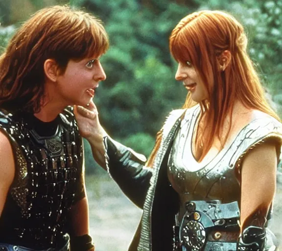 Prompt: a movie still of sarah gellar as xena speaking to ron weasley in the movie harry potter
