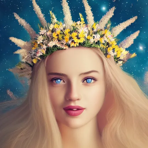 Image similar to close-up of a smiling beautiful female, blonde,, wearing a crown of daisies, beautiful happy face, ethereal, starry, space, magical atmosphere, maximalist, cinematic lighting, cinematic atmosphere, trending on artstation, cgsociety, 8k, high resolution, in the style of Faiza Maghni, David Ligare, Flora Borsi, Daniel Gerhartz,