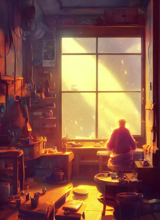 Image similar to beautiful interior of a cozy woodworker shop, james gilleard, delphin enjolras, goro fujita, makoto shinkai, paul lehr, volumetric lighting, exquisite lighting, octane render, very coherent, trending on artstation