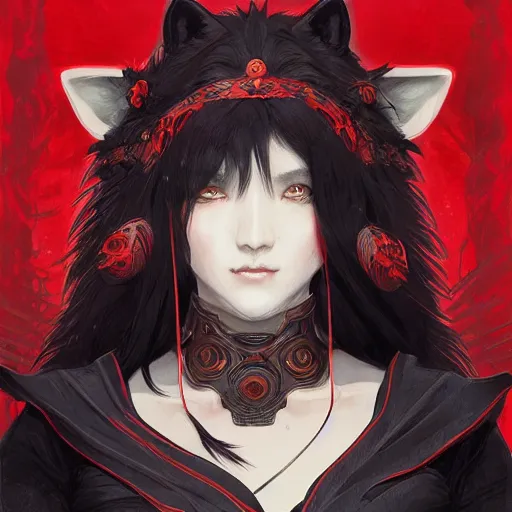 Prompt: japanese wolf goddess, d & d, black and red color palette, highly detailed, digital painting, artstation, concept art, sharp focus, illustration, cinematic lighting, art by artgerm and greg rutkowski and alphonse mucha