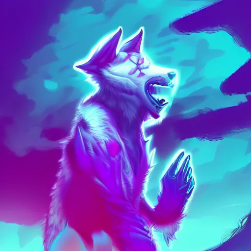 Prompt: a chill synthwave wolf character, digital painting, synthwave, vivid, furaffinity, furry, furry fandom