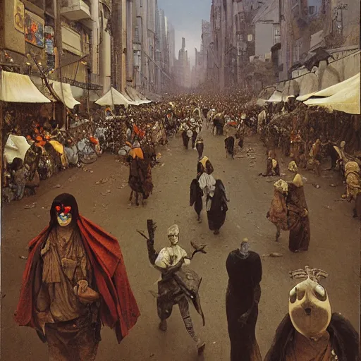 Image similar to portrait of parade of peasants in costumes in the art deco streets of the industrial Undying Empire city of ya-Don during the Festival of Masks, award-winning realistic sci-fi concept art by Beksinski, Bruegel, Greg Rutkowski, Alphonse Mucha, and Yoshitaka Amano