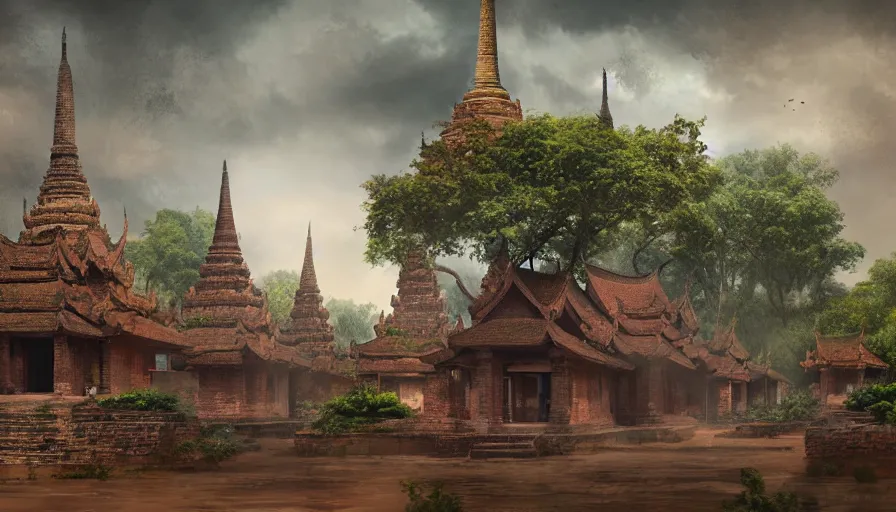 Prompt: matte painting of a beautiful sukhothai village, digital art, trending on artstation