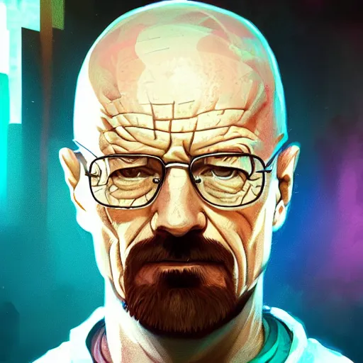 Image similar to high quality illustration, walter white realistic portrait, cyberpunk, alphonse mucha, riot game, beautiful, epic camera, alexandre bourlet, colorful background, arcane, lois van baarle, league of legend, digital painting, james jean, dynamic colors, greg rutkuwsky, artstation, concept art, neon