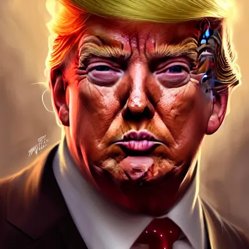 Image similar to Portrait of Trump, D&D, red eyes, face, fantasy, intricate, elegant, highly detailed, digital painting, artstation, concept art, smooth, sharp focus, illustration, art by artgerm and greg rutkowski and alphonse mucha