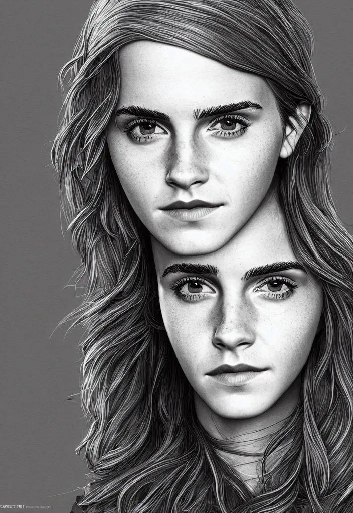 Image similar to highly detailed illustration, character portrait of Emma Watson, digital art by Martin Grip and Moebius 4k, 8k, HD
