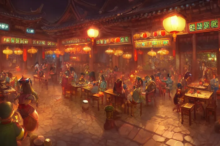 Image similar to fantasy art of a bustling tavern in china, at night, by tyler edlin, highly detailed digital art, trending on artstation