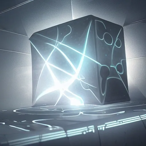 Image similar to product advertisement for a mystical ethereal cube, alien, futuristic, scifi, octane render, award winning