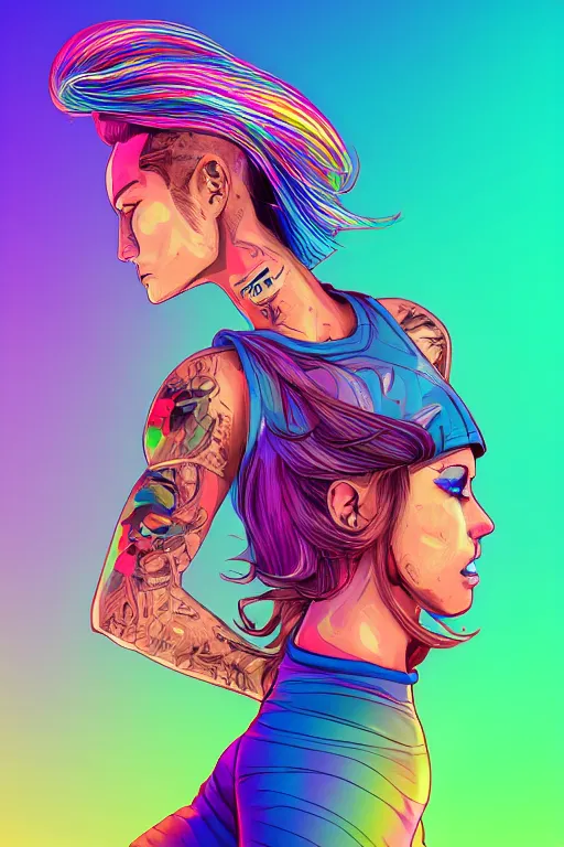 Image similar to a award winning half body portrait of a beautiful woman with stunning eyes in a printed croptop and cargo pants with rainbow colored ombre hairstyle head in motion and hair flying by josan gonzales, outrun, vaporware, shaded flat illustration, digital art, trending on artstation, highly detailed, fine detail, intricate