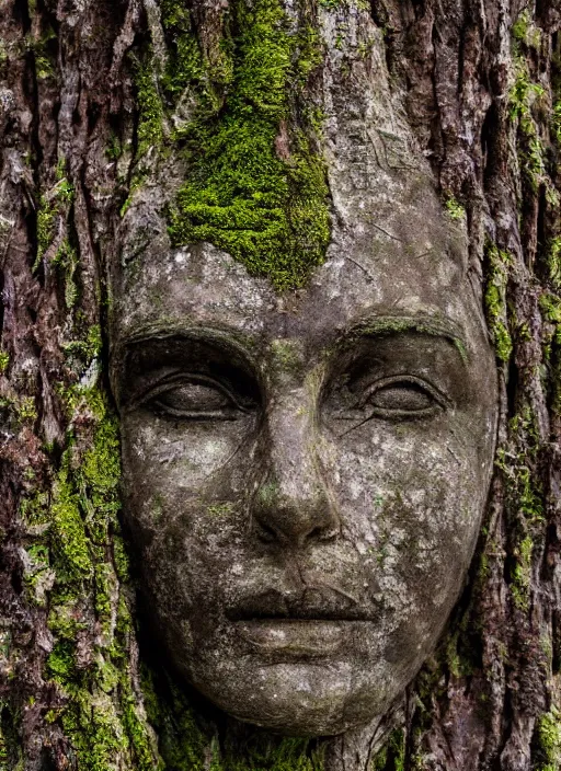 Image similar to photograph of hyperrealistic detailed ancient face in the shape of a tree covered with bark and moss, in a mysterious forest