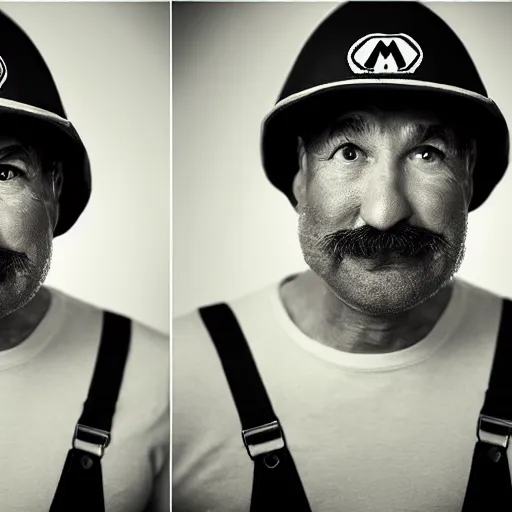 Prompt: Professional corporate portrait of Mario wearing his Mario hat and overalls, Nintendo, studio lighting, 85mm lens, Photo by Martin Schoeller, Lee Jeffries, Terry Richardson