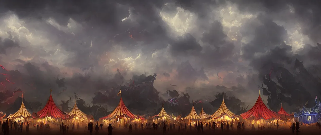 Prompt: beautiful matte painting silhouette of dark colorfull evil circus tents and carnival, stormy sky, Moebius, frank frazetta, james gurney, thomas kinkade, rodney mathews, beeple, trending on artstation