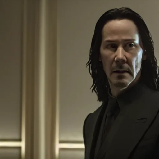 Image similar to film still of Keanu Reeves as Loki in Avengers Endgame, standing with scepter