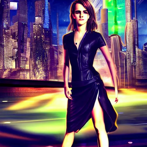 Image similar to Emma Watson full body shot, the background is a huge futuristic city, cyberpunk style futuristic neon lights, artstation cgsociety masterpiece highly-detailed